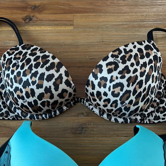 EUC Victorias Secret Leopard Blue Laced Push Up Bras 34B - Picture 2 of 7